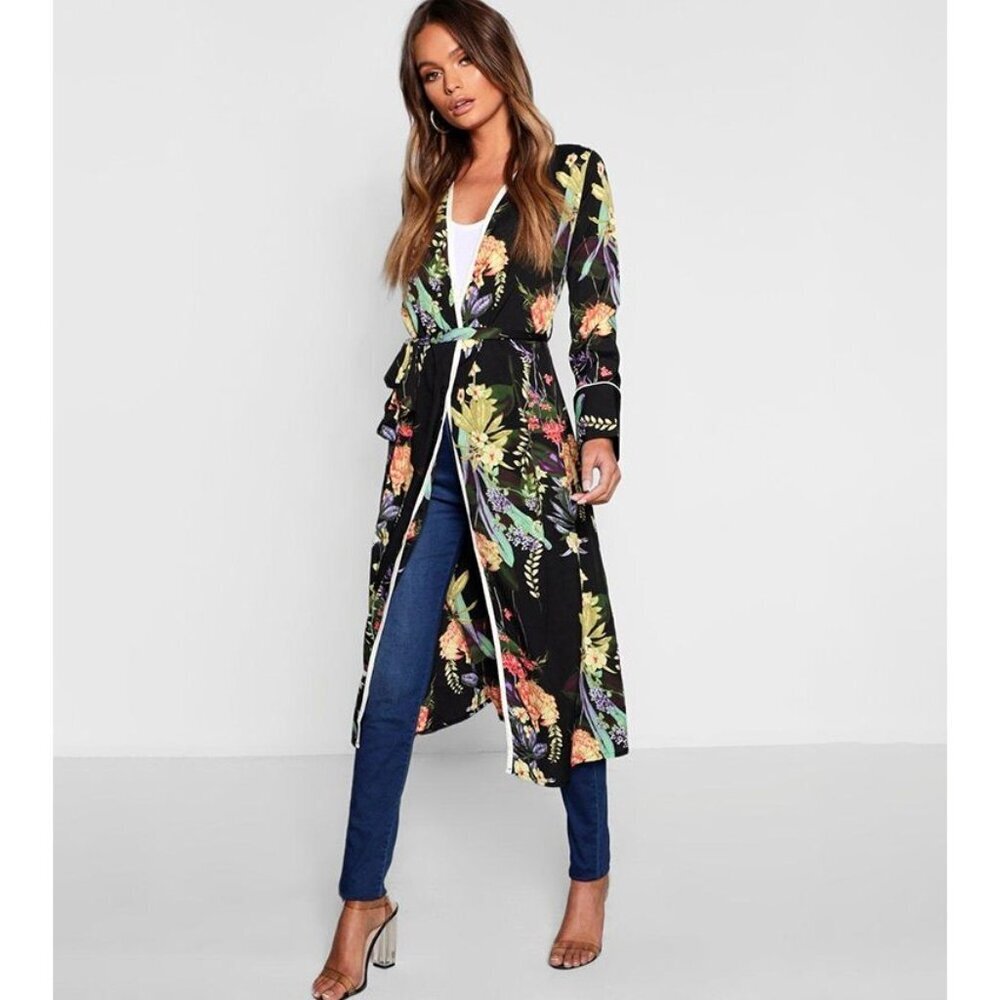 Boohoo Black Floral Silky Duster Maxi Open Front Kimono Cardigan Women Size XL